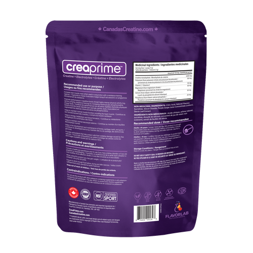 Back of CreaPrime Frosty Grape creatine powder pouch